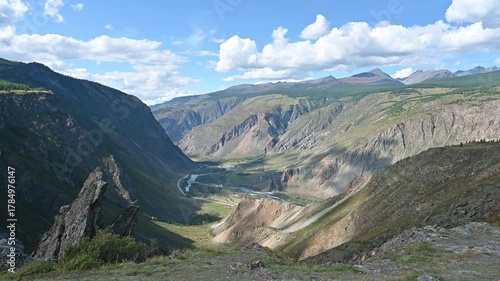 Sunny landscape of the Chulyshman valley in the Altai Mountains, Russia
