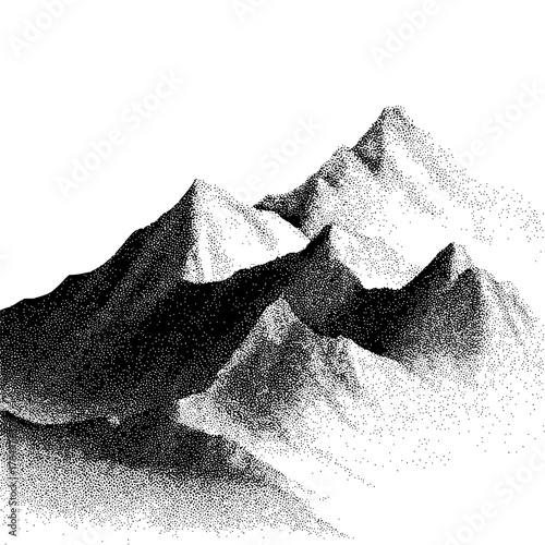 Black and white mountain range stippling art landscape drawing scenic view nature peaks monochrome illustration
