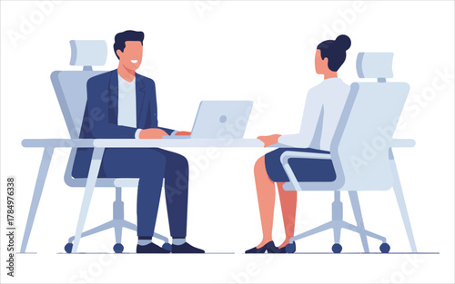 Business Meeting or Job Interview Between Man and Woman at Office Desk