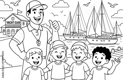 hand drawn vector doodle illustration of yachts club coloring page for kids line art