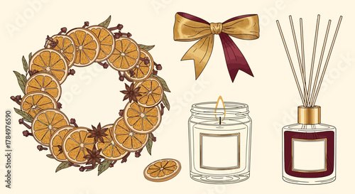 Elegant Candle Studio Vector Elements with dried orange wreath and diffuser for holiday branding