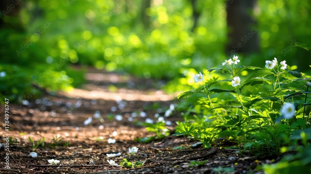 Fototapeta premium Tranquil Forest Pathway with Blooming White Flowers and Sunlight Filtering Through Lush Greenery in a Natural Landscape