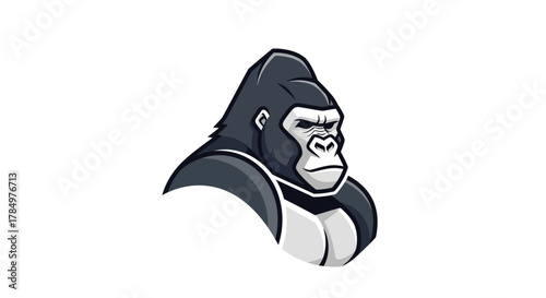 Stylized gorilla head with a focused expression set against a bright background