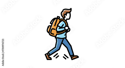Illustration of a young man with a backpack walking on a journey or an adventure outdoors