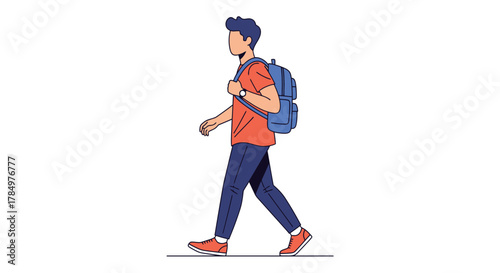 Illustration of a young man with a backpack walking forward against a plain background