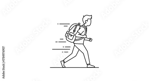 Linear illustration depicting a young man with a backpack in motion conveying energy and speed
