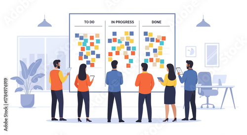 Team collaborating on a Kanban board with sticky notes in an office.