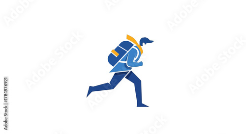 Stylized vector image of a person running with a backpack indicating speed and urgency