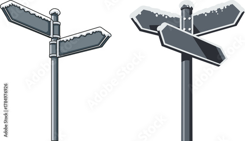 Directional street signs covered in snow against white background  