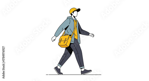 Stylized character illustration of a person walking with a satchel bag and cap in simple design