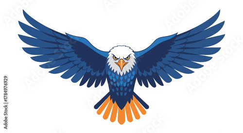 Stylized eagle with outstretched wings, showcasing vibrant blue, orange, and white plumage