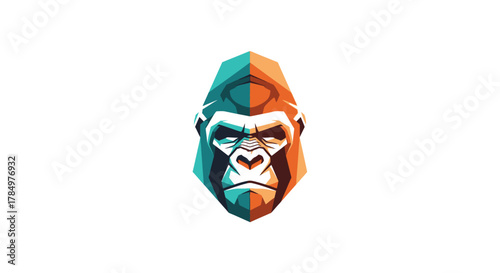 Abstract depiction of a gorilla face in vibrant geometric design on white backdrop