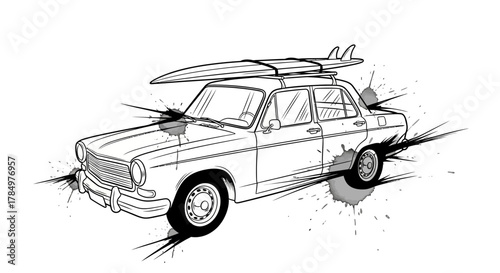 Vintage car with surfboard graphic design, a dynamic expression of coastal adventure and retro style