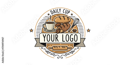 Rustic bakery and coffee shop logo with fresh bread, cup, and rolling pin