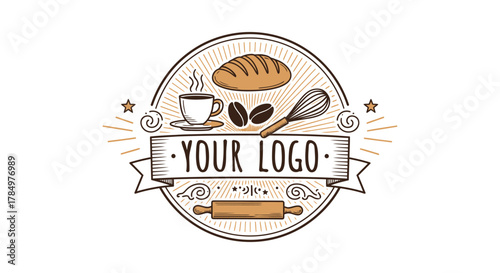 Rustic Bakery and Coffee Emblem: Hand-Drawn Food Preparation Illustration