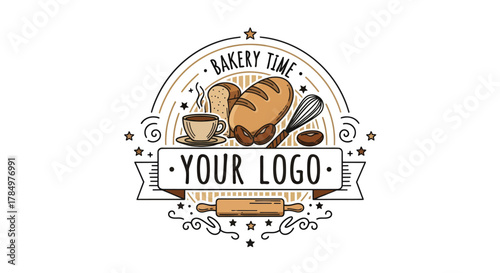 Rustic Bakery Banner Art: Hand-Drawn Emblem with Bread and Coffee Accents