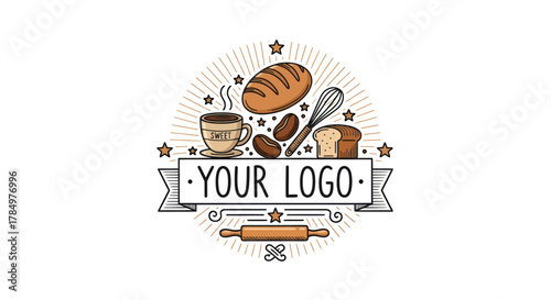 Bakery or coffee shop emblem with bread, coffee, and baking tools design