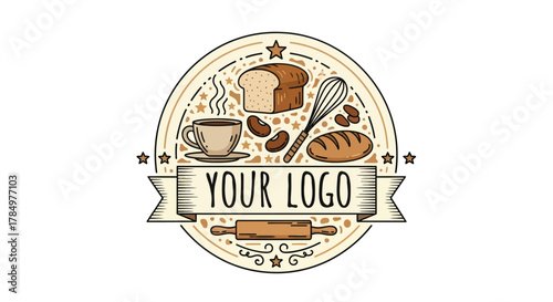 Bakery and coffee shop emblem design with baking tools and ingredients for