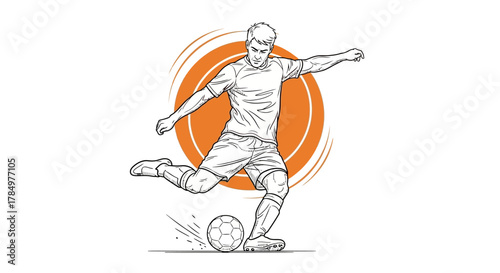 Dynamic soccer player illustration striking the ball against a sunburst background