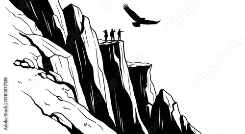 Monochrome mountain adventure: A trio of explorers, soaring eagle, and rocky landscape