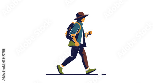 Traveler illustration with hat and backpack stepping forward in a brisk motion with a minimalist