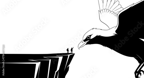Dramatic monochrome illustration featuring two figures on a cliff edge facing a majestic soaring