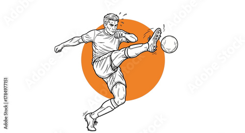 Dynamic soccer action with player kicking the ball against orange background illustration