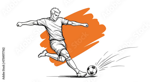 Dynamic sketch art showing soccer player kicking the ball with orange backdrop accent and speed