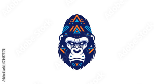 Stylized gorilla head illustration with tribal pattern elements and strong lines