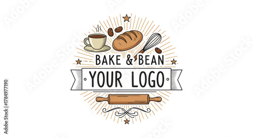 Rustic bakery and coffee shop logo emblem with baking elements