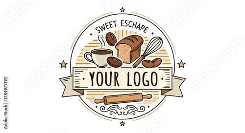 Inviting bakery and coffee shop logo with sweet escape baking elements