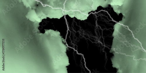 Massive lightning bolt with branches isolated on black background. Glowing wavy lines template Color lightning concept in the dark energy magic abstract background.