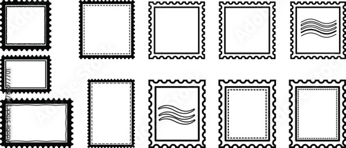 Set of Blank Postage Stamp Frames with Perforated Edges