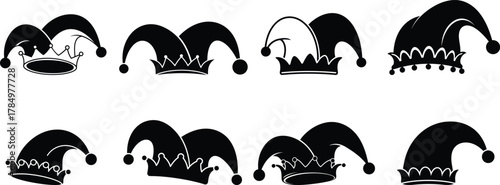 Set of Black Jester Hats and Fool's Caps Silhouettes