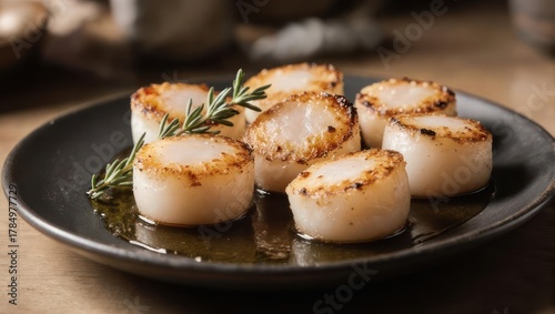 Perfectly Seared Sea Scallops with Rosemary on a Dark Plate.