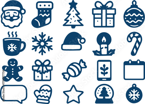 Charming collection of festive winter holiday and Christmas vector icons, perfect for seasonal digital design projects, marketing materials, and celebration themes