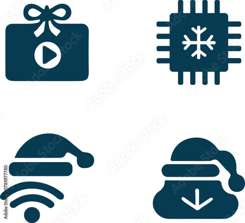 Four distinct dark blue icons with a Christmas theme, including a gift, a microchip with a snowflake, a Santa hat with a Wi-Fi signal, and a sack of gifts with a downward arrow