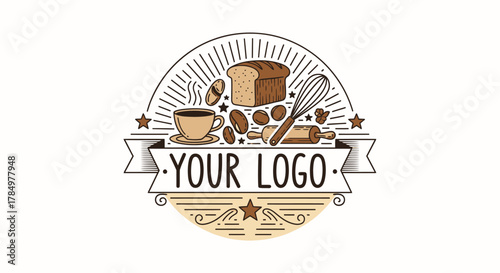 Artisanal bakery and coffee emblem with essential ingredients and tools