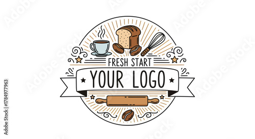 Bakery Cafe Emblem with Coffee Bread and Baking Utensils Illustration