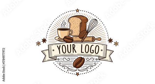Retro kitchen emblem with baking tools, coffee cup, and bread loaf graphic
