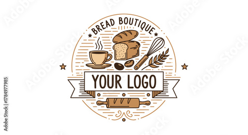 Bakery Boutique Emblem with Bread, Coffee, and Baking Utensils Design