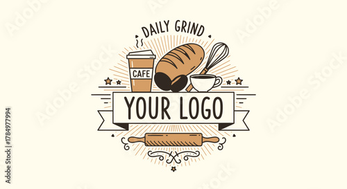Bakery and cafe emblem with bread coffee cup and whisk vintage style design