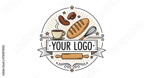 Bakery and Cafe Emblem with Bread, Coffee, and Baking Utensils Design