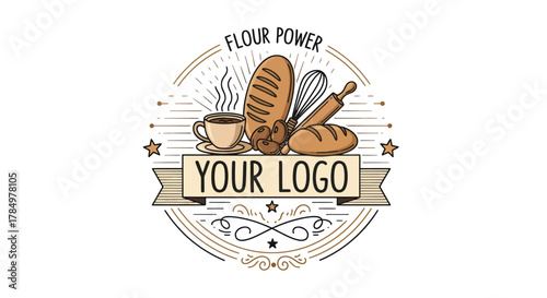 Bakery logo design with bread, pastries, coffee, and baking tools. Bakery shop