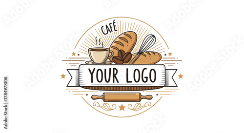Bakery Cafe Logo Illustration with Bread, Coffee, and Baking Utensils