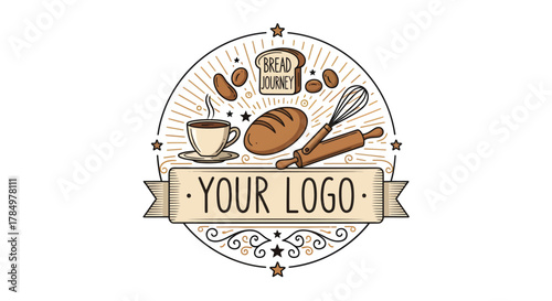 Bakery and coffee shop emblem with bread, coffee, and baking tools