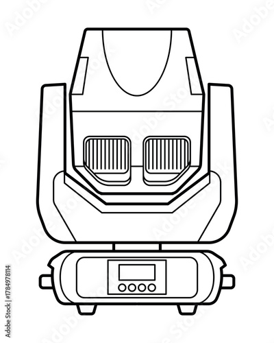 Black-and-white line art illustration of a professional stage moving head light. Detailed front view with vents, display panel, and mounting base. Ideal for lighting design, event equipment