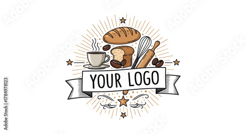 Bakery and coffee shop emblem with bread, coffee, and baking tools