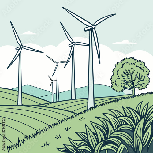 Wind turbines on rolling green hills with a single tree