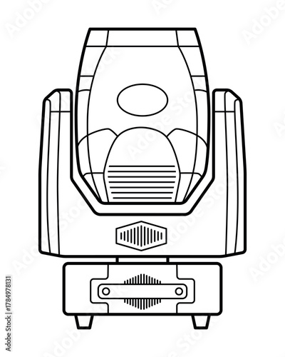 Black-and-white line art illustration of a professional stage moving head light. Detailed front view with vents, display panel, and mounting base. Ideal for lighting design, event equipment